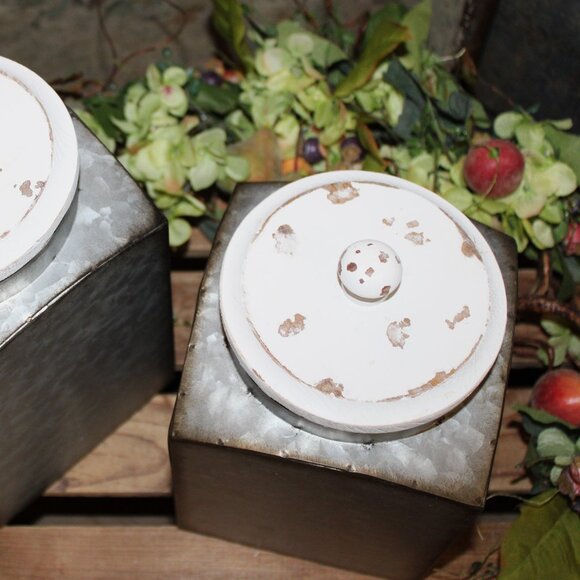 NEW Pair of Galvanized Metal & Wood Farmhouse Storage Decor Canisters - Picture 5 of 6